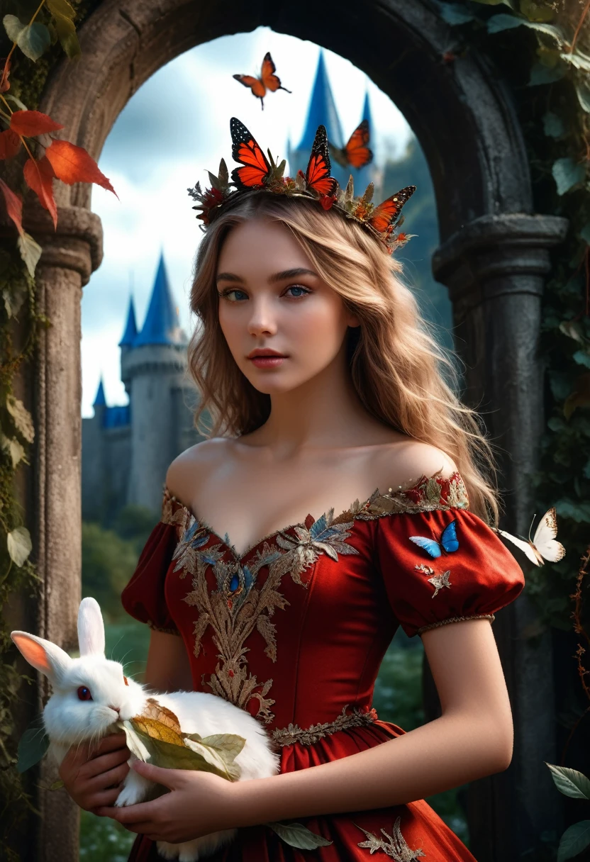 A dynamic knees-up pose of a beautiful 20-year-old girl with messy dark blonde hair, set in a mystical fantasy landscape. She is in front of a portal that leads to a magical castle, surrounded by an enchanting atmosphere. The woman has a perfect, detailed face, striking, detailed eyes and lips, with long eyelashes. She wears a crown of red leaves and a dress made of leaves and wildflowers, with butterflies and birds flying around her. holding a fluffy white rabbit in her arms, The image is photorealistic and hyper-detailed, with intricate details, dramatic lighting, and a cinematic composition in high resolution.