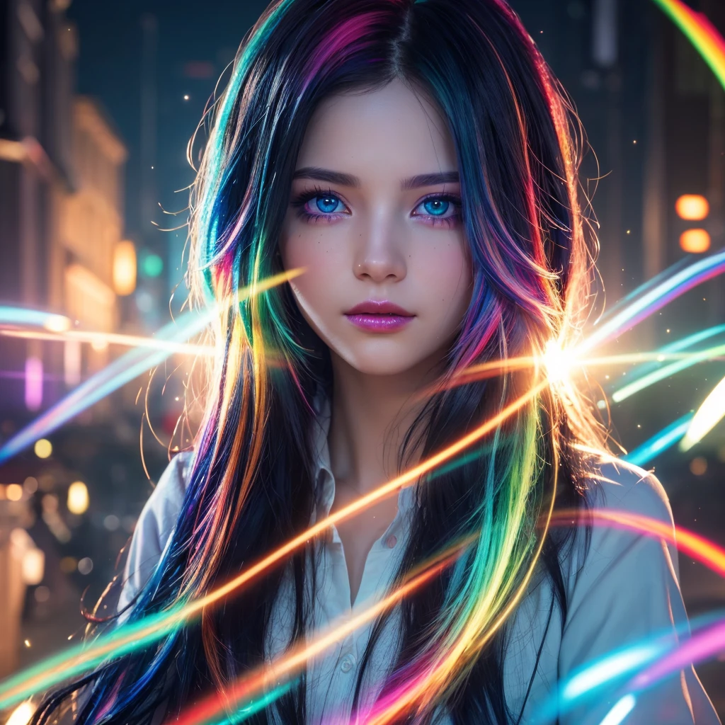 {{masterpiece}}, Highest quality, Highly detailed CG Unity 8k wallpaper, Cinema Lighting, Lens flare, Beautiful details in the eyes, black, Sideways glance, Multicolored Hair, colorful light, particle, Heterochromia iridis, (colorful:1.5), (colorful hair:1.5),