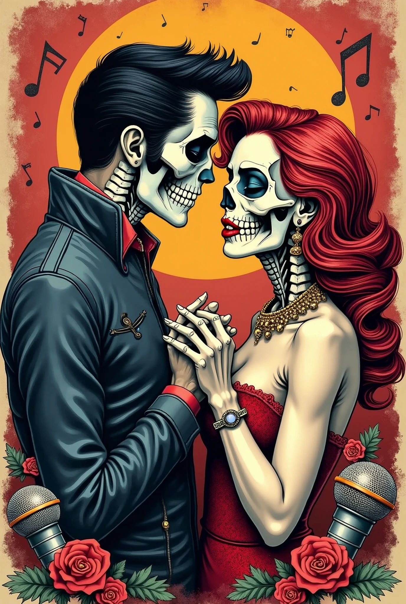 A vibrant and fun t-shirt print, depicting a skull stylized as Elvis Presley, with iconic pompadour and leather jacket, affectionately holding the hand of a female skull inspired by Scarlett Johansson. The female skull displays a glamorous hairstyle and an elegant dress, both full of details and touches of shine. They surround themselves with a warm, vintage-colored background, with musical elements like notes and microphones surrounding them, evoking a sense of rock 'n' roll romance with a hint of humor and nostalgia.