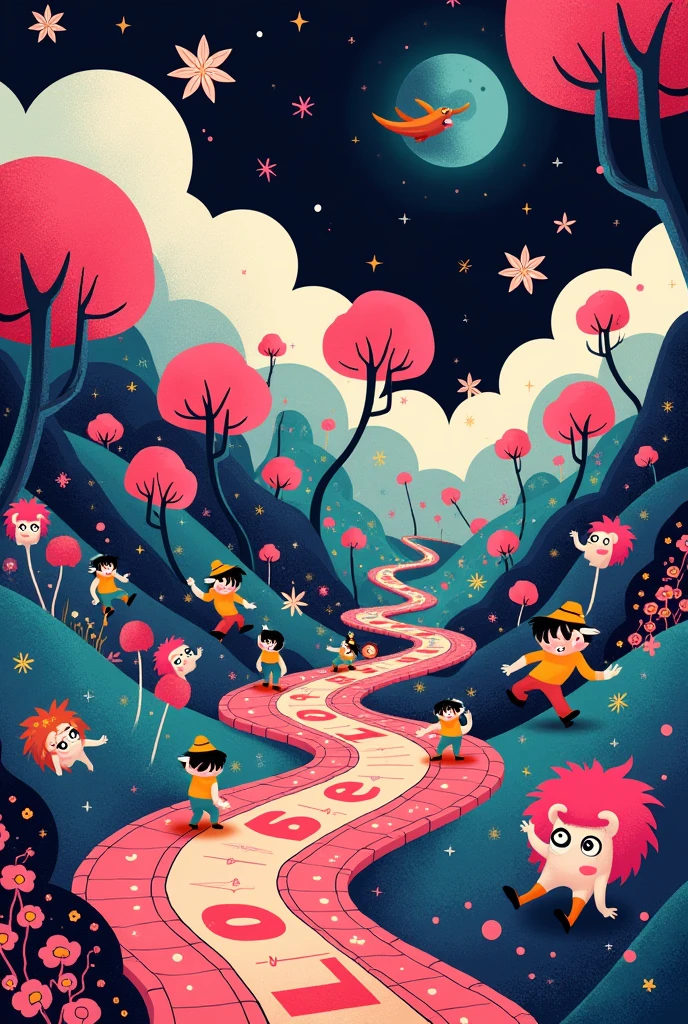 Background for presentation of a board game where the title is "from 0 to 100" Mischief predominates and the colors must be fuchsia, celeste, black and white