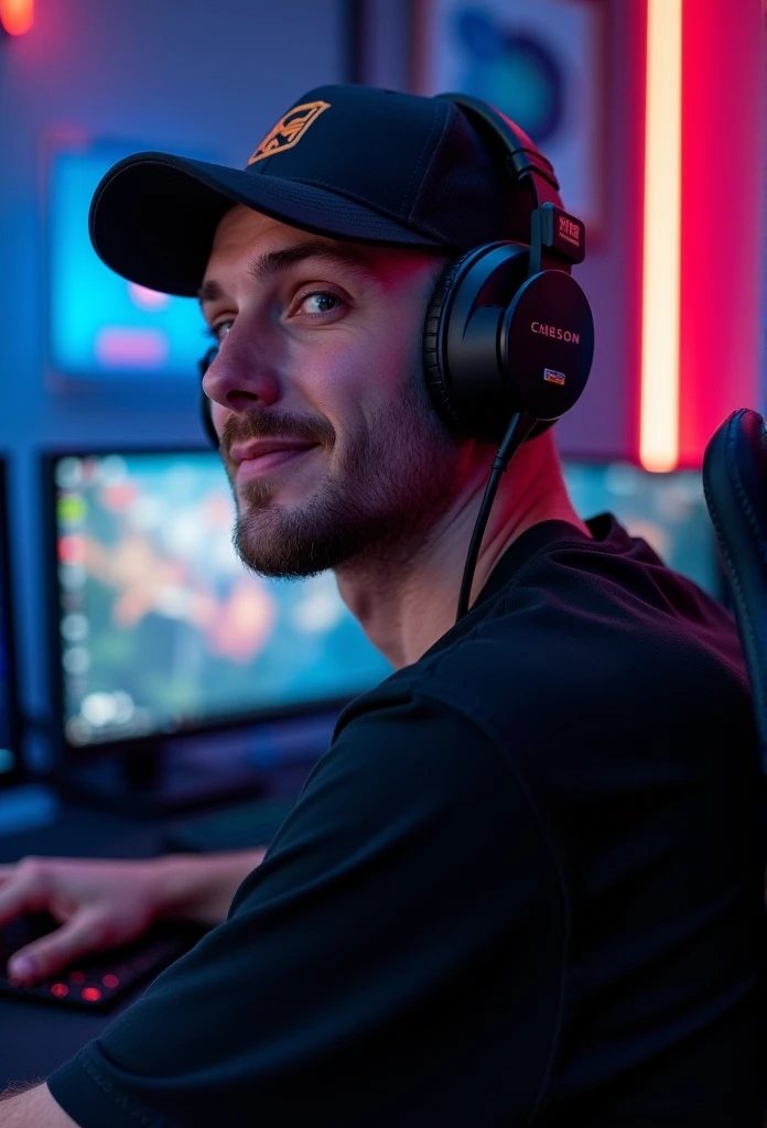 Gamer man wearing a cap and black shirt in his gamer setting with a gaming-inspired background