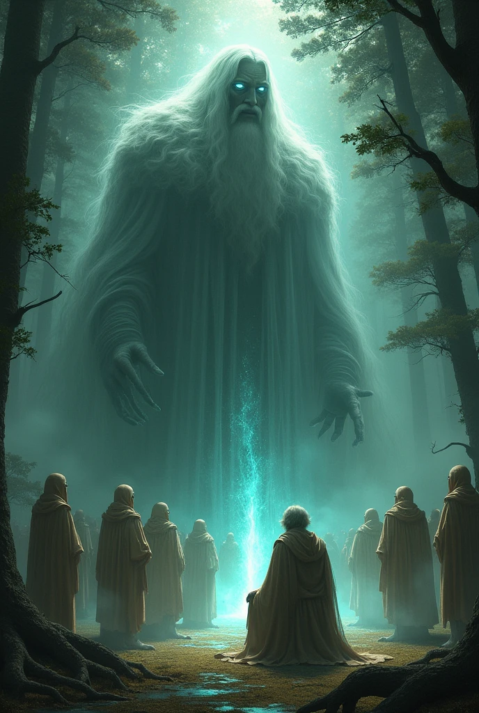 The stranger, who was none other than an ancient spirit of the forest, revealed his true form—a being of light and shadow, representing the balance between life and death.
Standing facing the king, the king is an old wise looking man dressed in regal but worn-out attire, kneeling before in front of the ancient spirit and others dead human souls rounded