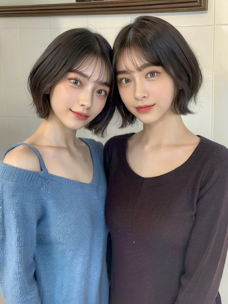 (masterpiece:1.3), (8k, Photoreal, Raw photo, best image quality: 1.4), Japanese high school girl、(random hairstyle:1.2)、cleavage:1.5、super detail face、eye for details、double eyelid、chest to chest、sharp focus:1.2、Beautiful woman:1.4、light brown hair、highest quality、masterpiece、超A high resolution、(Photoreal:1.4)、Highly detailed and professionally lit smiles、loose and light knitwear、shoulder out、thin、serious expression、short haired、deadly position
similar identical twins
All the girls have the exact same face, The two have the same face and figure, as if they were mirror images.