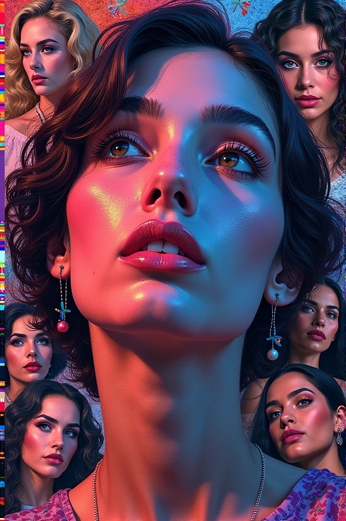 A collage of women’s faces in mosaic, in the style of andrew atroshenko, peter gric, in neon colors