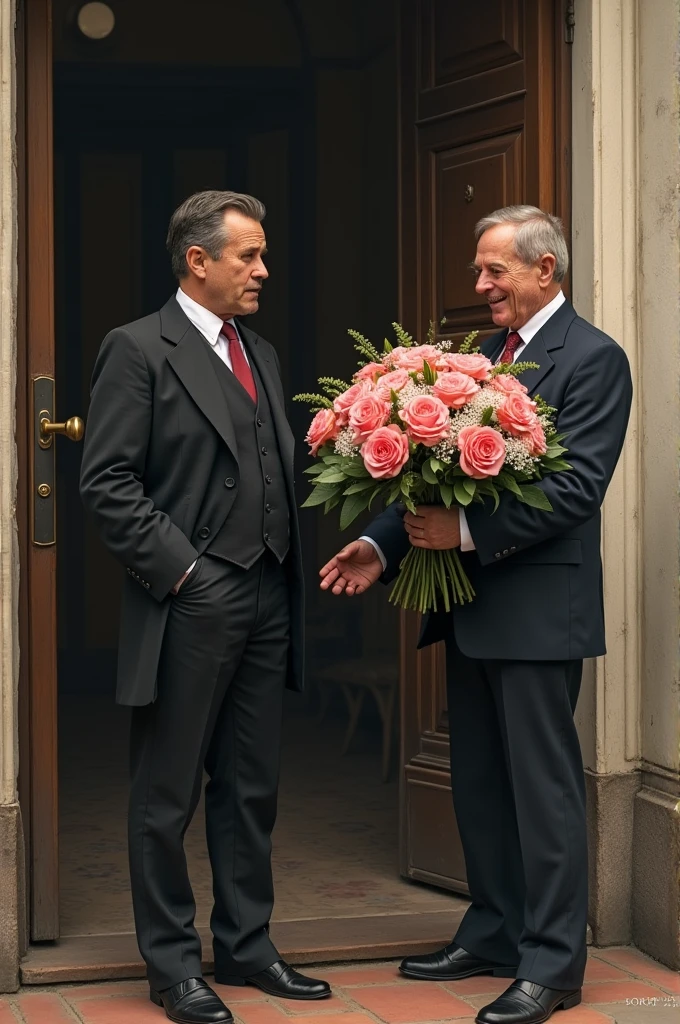 Ivan Vasilyevich Lomov, dressed formally in an old-fashioned suit, He is standing nervously at the door of the Chubukovs&#39; house., with a large bouquet of flowers. Stepan Stepánovich Chubukov, the owner of the house, He receives it with a mixture of surprise and joy.