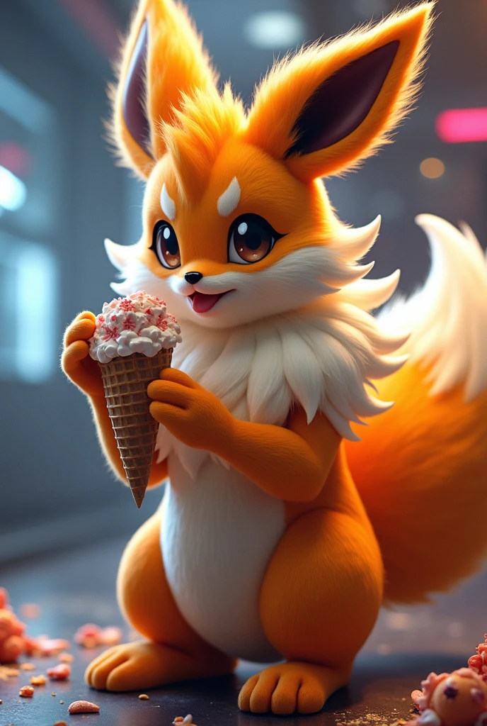 a highly detailed anthropomorphic flareon furry kemono with extremely large breasts and buttocks, licking an ice cream cone, wearing a futuristic sci-fi spacesuit, photorealistic, 8k, hyper detailed, cinematic lighting, intricate details, fantasy, beautiful colors, vibrant