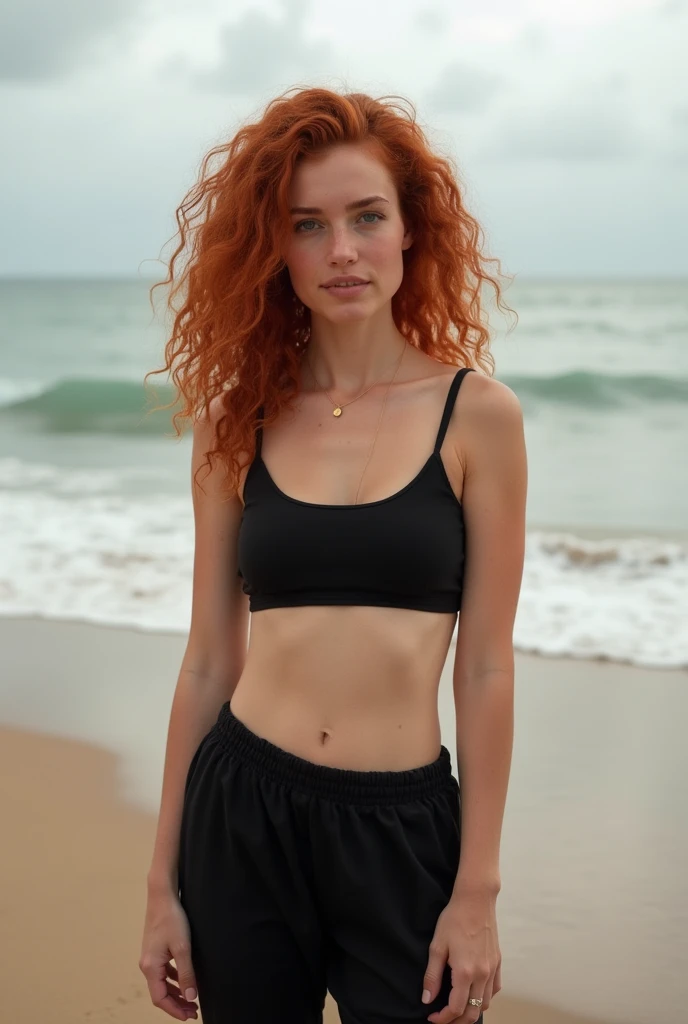 Redhead curly hair on the beach, hair down to her shoulders, White skinned, black sweatpants, Barefoot woman touched by her male friends