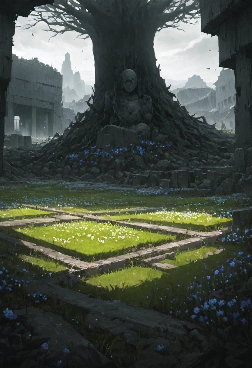 (dreamy landscape), abandoned village, stunning landscape, Artwork, excessive brutalism, small village, field of flowers, Garden, Raby, brutal violence, Large sacred tree in the background, sacred statue trapped in the tree between its roots, giant golem rooted in the tree