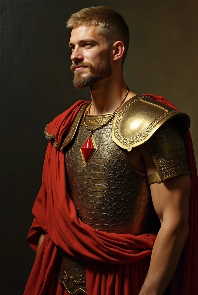 {{Masterpiece, best quality, oil painting, by Gustav Klimt, by Franz von Stuck, by Théodore Géricault, muted colors, male focus}}, (((((dramatic half body portrait of a 30 years old male ancient Emperor, solemn, valiant, tall, upright, brown skin, skinny, blonde, smiling, goatee, buzzcut, kohl painted eyes))))). ((((he is wearing a brown and red, silk, Roman uniform, scale armor lorica, made of sheen alligator leather, with Praetorian inspired elements, ronin inspired elements, wearing a large red diamond shape pendant)))).