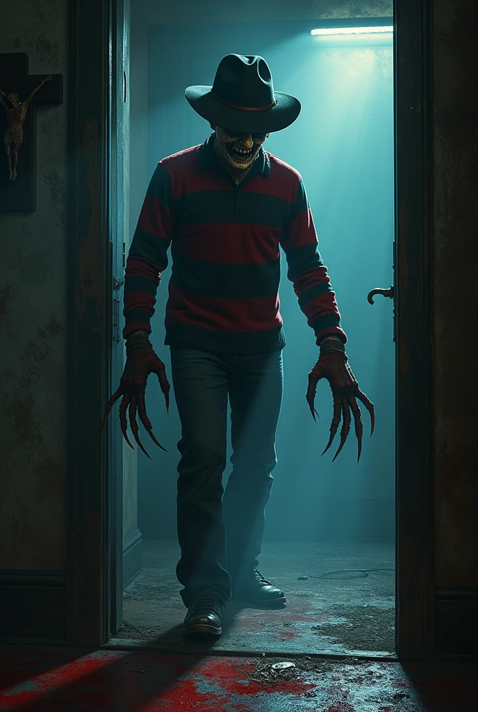 "A Nightmare on Elm Street," the 1984 movie. A long dark scary hallway. At the back of the hallway stands Freddy with his glove. Multiple layers. Double exposure. Shadows. A glove with razors. Blood and mold leaks . Ghosts of children playing jump rope. Dramatic light. Shadows intensifying the atmosphere of horror. Hyperdetailing. 32к