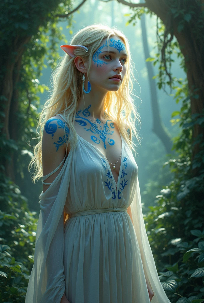 An girl human on the jungle with blond hair, white skin, blue eyes with an angelic feature, her body feminine with the clothing style of Na'vi, as she has on her skin blue painted trace lines