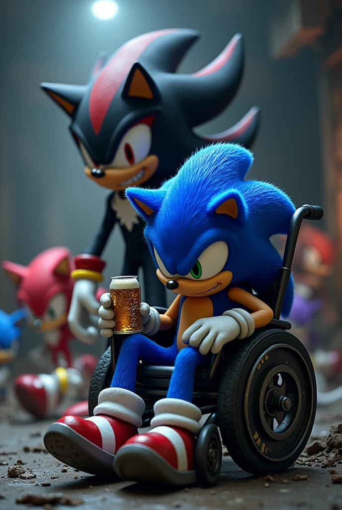 Create sad Sonic drinking beer in a wheelchair, e o shadow o ouriço rindo do Sonic, and brawl stars sliding in the background