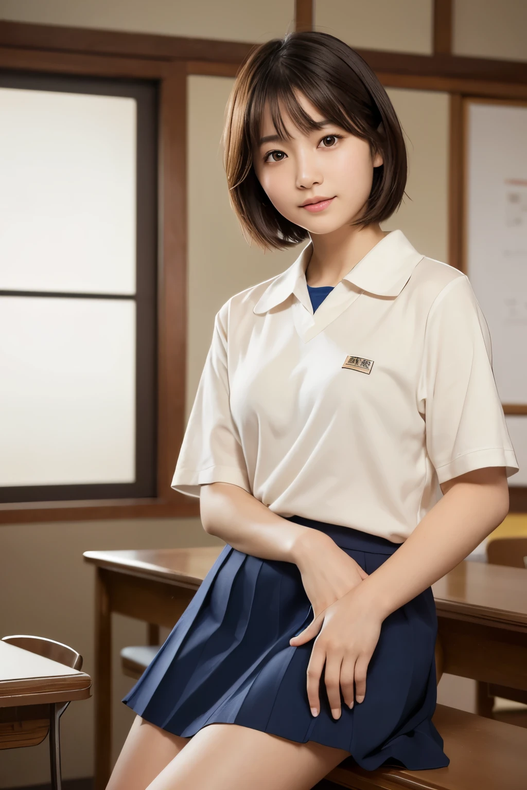 Highest quality, Face Focus, Soft Light, Ultra-high resolution, (Realistic:1.4), RAW Photos, 1 Japanese girl, alone, cute, (A shy smile:0.5), (Brown eyes, Light in your eyes), Beautiful face in every detail, (Small box),(High resolution detail of human skin texture), (Short Bob Hair), break, In the classroom,Navy uniform, Best, skirt