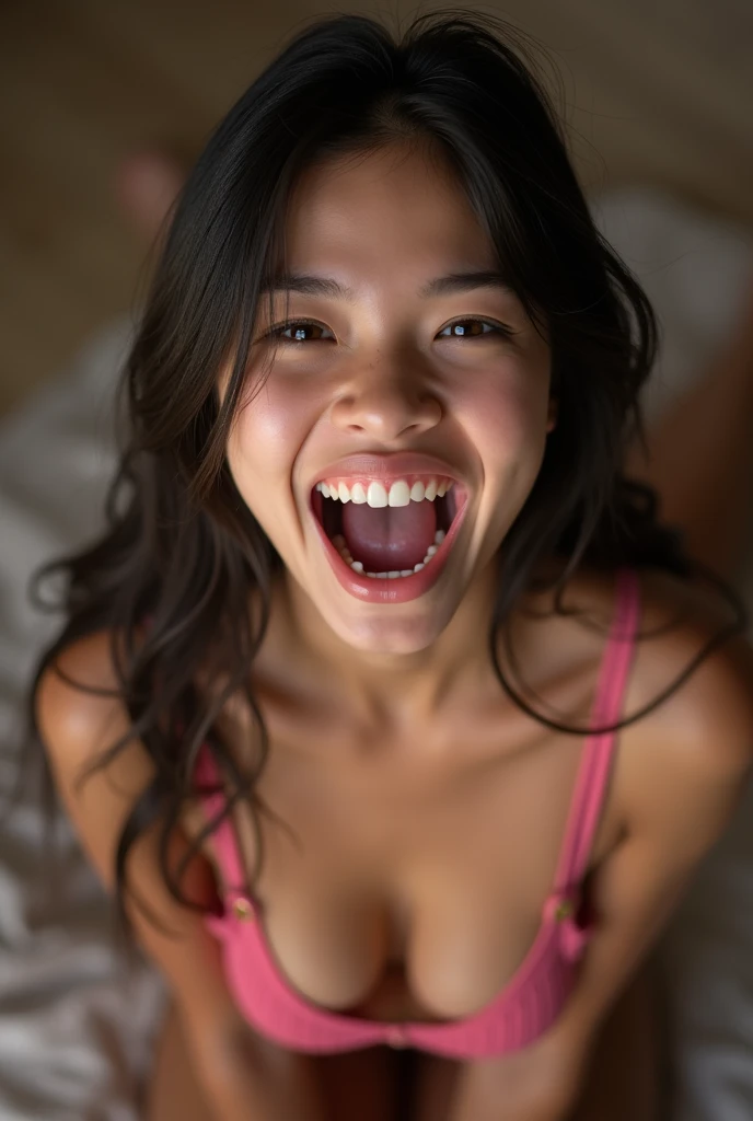 A 14 year old girl, you can see her big tits, has a sexual pose,she is blushing,has long black hair, clear eyes , sticks out tongue excitedly,a man touches her tits