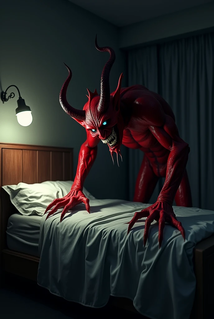 "I want an image of a terrifying demon next to a bed in a dark room. The demon must have a sinister appearance, with red skin, bright eyes and a menacing smile. Your claws should be long and sharp, and it must be partially shrouded in shadows, creating an atmosphere of fear and tension. The bed must be unmade, with crumpled sheets, and the lighting in the room should be dim, coming from a single bedside lamp, projecting distorted shadows on the walls. Make him horned 

