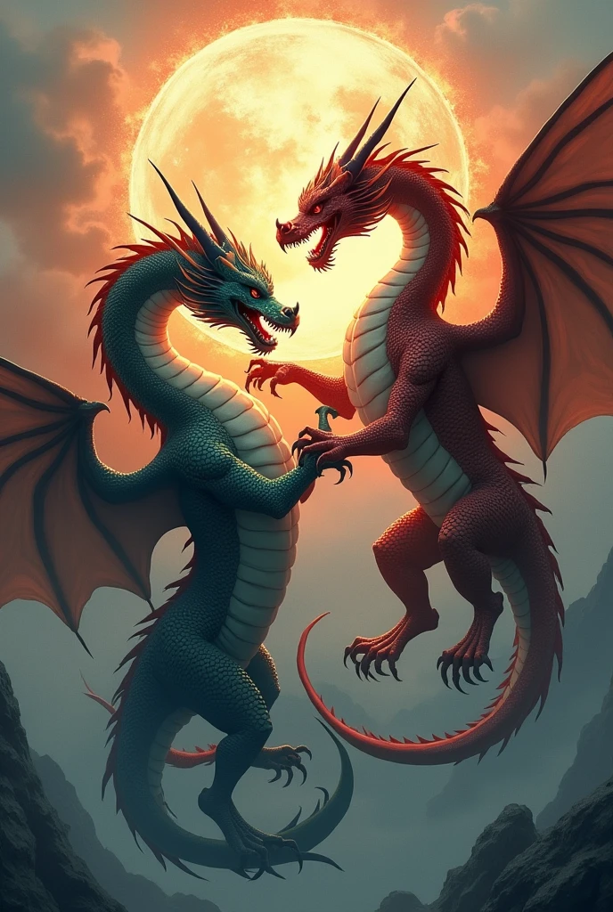 intertwining their bodies to form the symbol of yin and yang.  Raise two dragons in the midst of an epic battle, 
