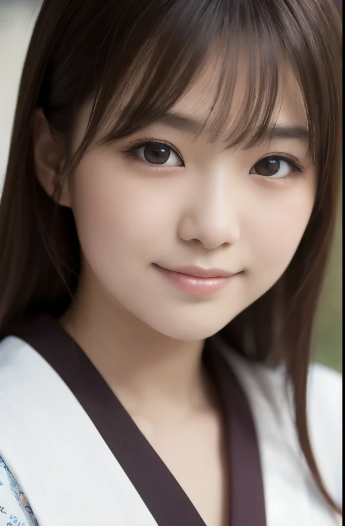 best quality, face focus, soft light, ultra high res, (photorealistic:1.4), RAW photo,(Shinozaki Ai), white skin, kawaii, 1 Japanese girl, solo, cute, (smile), (pupil, lights in the eyes), detailed beautiful face, busty,(high resolution detail of human skin texture), long hair,(portrait), upper body, white traditional kimono, bedroom, fuller figure
