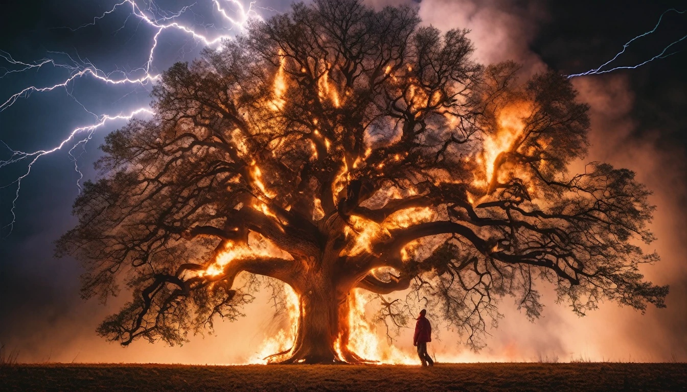 Hyper-realistic photograph of a huge oak world-tree being struck by lightning that sets it on fire. There the silhouette of a man looking at the fire in amazement. Winter stock, photography fxvijaya, cinematic atmosphere, photoreal, uhd image, traditional portraiture, ultra hd, dark, foreboding colors, candid shots, grid-based
