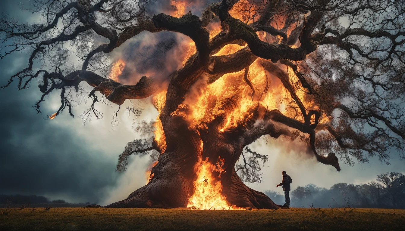 Hyper-realistic photograph of a huge oak world-tree being struck by lightning that sets it on fire. There  the silhouette of a man looking at the fire in amazement. Winter stock, photography fxvijaya, cinematic atmosphere, photoreal, uhd image, traditional portraiture, ultra hd, dark, foreboding colors, candid shots, grid-based