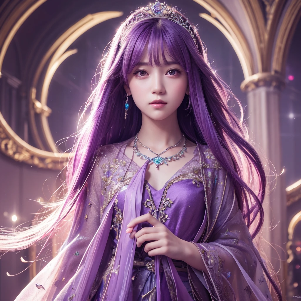 (((masterpiece))), Highest quality, figure, 4K wallpaper, Cinematic Light, Absurd, Portrait of a Girl, Long Hair, Purple crystal hair, Shiny Hair, Bloom Hair, Clothing Princess, Look ahead