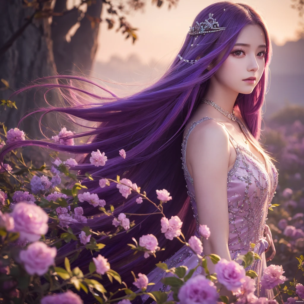 (((masterpiece))), Highest quality, figure, 4K wallpaper, Cinematic Light, Absurd, Portrait of a Girl, Long Hair, Purple crystal hair, Shiny Hair, Bloom Hair, Clothing Princess, Look ahead