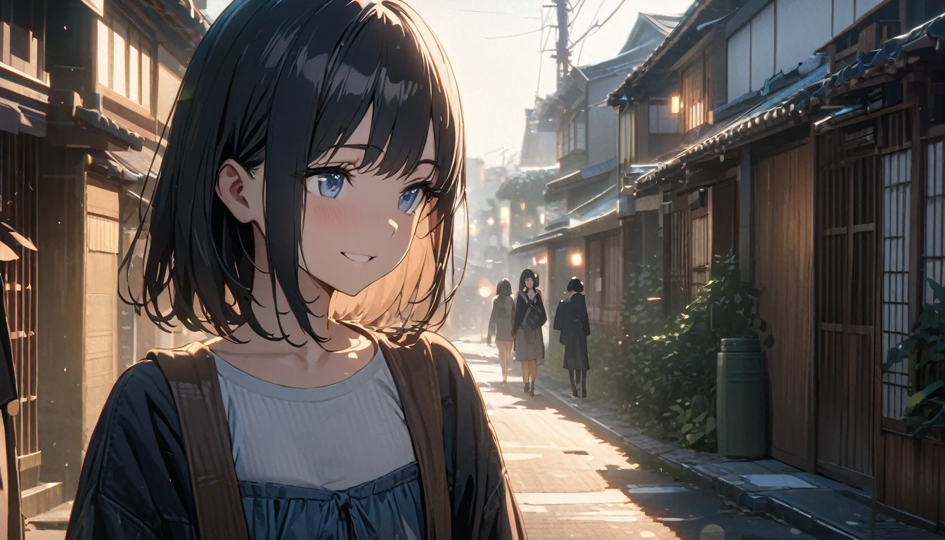 ((ultra-detailed))/ (one women with short black hair and bob hair.、beautiful blue eyes,.、smile、gentle smile on her face、flat chest, one Beautiful girl,((masterpiece, illustration, best quality) ((ultra-detailed))/), walking around a Japanese neighborhood ,濃い青とBeautiful Blueのグラデーション, High resolution, 8K HD detail, hyper-detail, cinematic, surrealism, soft light, deep field focus bokeh, ray tracing and surrealism. --v6