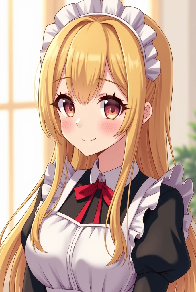 18 year old beautiful girl, big eyes, large breasts,  and slender, 8K, top quality, (very detailed head: 1.0), (very detailed face: 1.0), (very detailed hair: 1.0), maid clothes, very detailed official artwork, anime moe art style, clean detailed anime art, smile, golden hair, smooth long hair