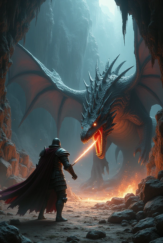 Knight Ivan, Fighting the dragon, In a dark cave, masterpiece:1.2, ultra detailed, realistic:1.37, Sharp Focus, bright colors, hips, Dramatic chiaroscuro, Horror, Kingdom's Delight
