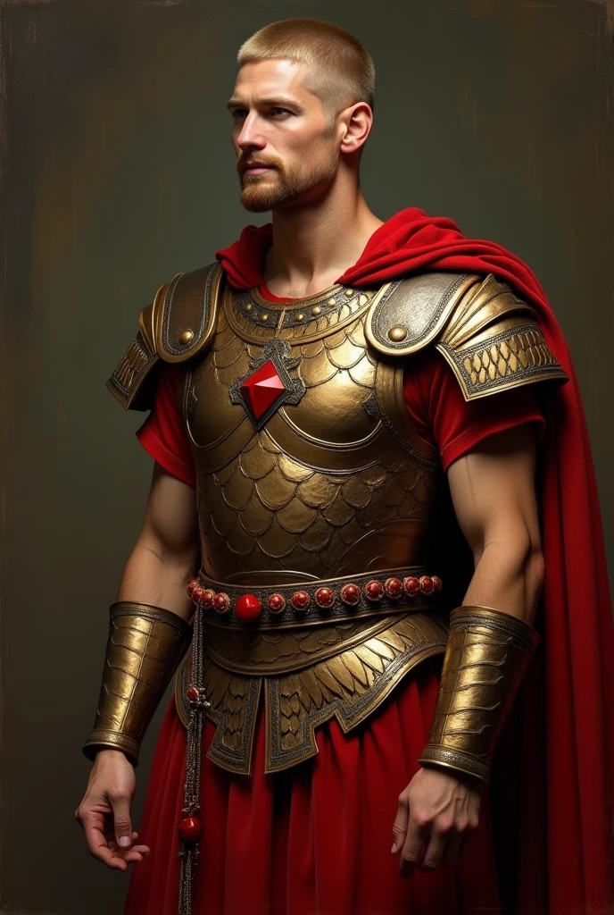 {{Masterpiece, best quality, oil painting, by Gustav Klimt, by Franz von Stuck, by Théodore Géricault, muted colors, male focus}}, (((((dramatic half body portrait of a 30 years old male ancient Emperor, solemn, valiant, upright, brown skin ,lean, blonde, smiling, goatee, buzzcut, kohl painted eyes))))). ((((he is wearing a brown and red, silk, Roman uniform, scale armor lorica, made of sheen alligator leather, with Praetorian inspired elements, ronin inspired elements, wearing a large red diamond shape pendant)))).