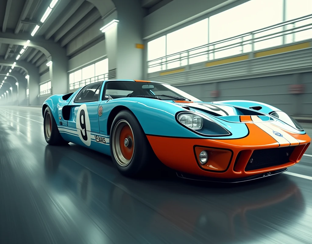 a (((Hiper-realista))), (((32k UHD masterpiece in the style of a cinematic masterpiece))). ((32k UHD alto detalhe, Cinematic art 16k HDR)), ((High resolution masterpiece)), artistic tattoo style. | Um Ford GT40 nas cores azul celeste e laranja, with the number 9 on the door, is capturado em movimento, standing out as a high-quality automobile photo. The artistic studio art-style adds a unique dimension to the image, destacando os contornos do carro rebaixado. the scene conveys a feeling of speed and dynamism, capturing the automotive spirit with clarity and refined detail. | The composition focuses on the details of the lowered car, com as cores vibrantes do azul celeste e do laranja destacando-se artisticamente. “High resolution” image quality ensures every aspect of the vehicle is sharp, while the tattoo style adds a unique layer of expression to the work. | Car scene with a Ford GT40 in sky blue and orange, number 9 on the door, capturado em movimento, highlighting the style of the tattoo and the clear quality of the image. ((Mais detalhes)). The addition of film grain, sharp details, e um ((estilo cru que lembra Fujifilm XT3 35mm f4)) contribui para o ((studio art)) sentir, creating a visually stunning representation of a (carro de corrida em chamas).