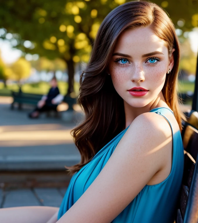 beautiful girl with lots of freckles on her face, with bright blue eyes, with plump red lips, in an elegant red dress, sitting on a park bench, (Best quality, 16K, 32K, a high resolution, masterpiece: 1.2), super detailed, (realistic, фотоrealistic, фотоrealistic: 1.37), dramatic lighting, Cinematic composition, Noir style, warm color palette, complex parts
