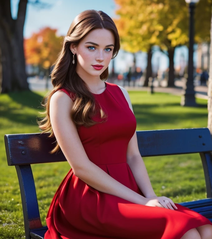 beautiful girl with lots of freckles on her face, with bright blue eyes, with plump red lips, in an elegant red dress, sitting on a park bench, (Best quality, 16K, 32K, a high resolution, masterpiece: 1.2), super detailed, (realistic, фотоrealistic, фотоrealistic: 1.37), dramatic lighting, Cinematic composition, Noir style, warm color palette, complex parts