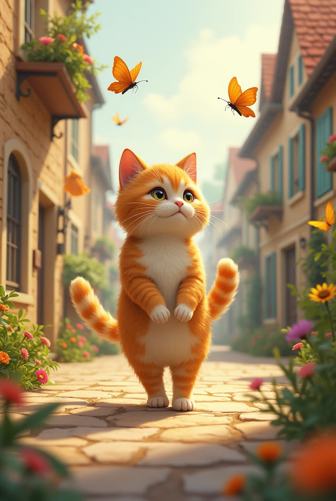 Un joli chat promenant dans un petit village chansant des papillons