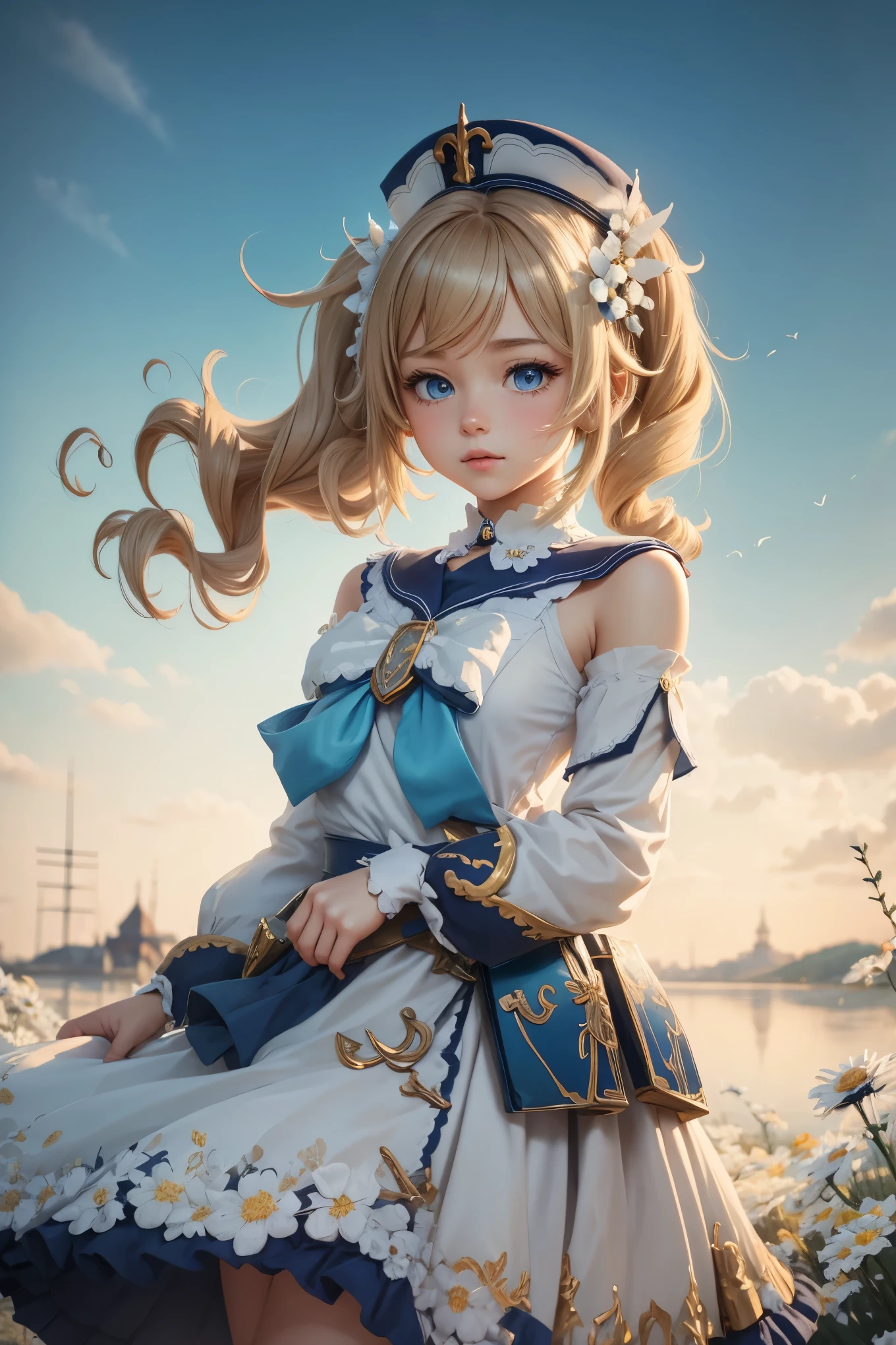 {Charming anime girl with wavy, light brown hair adorned with white floral accessories and a navy blue hat with golden accents, her bright blue eyes sparkle with delight:0.9}, {She wears a whimsical sailor dress in pristine white with navy blue and golden trim, a large bow with a cross motif at the collar, and a decorative blue sash around her waist. The outfit is embellished with intricate gold detailing and small charms, evoking a sense of enchantment:0.8}, [Set against a serene, early evening sky with gentle hues of blue and orange merging at the horizon, over a vibrant meadow blooming with white daisies, creating a peaceful and idyllic setting:0.7}, {The artwork is rendered in a clear and vivid anime style, capturing the soft textures of her hair and the delicate fabric of her dress, while the background blends a painterly touch to emphasize the magical, almost storybook quality of the scene:0.9},
{The overall composition is bright and airy, with a focus on high dynamic range that accentuates the light filtering through her hair and the reflective qualities of her eyes, enhancing the youthful and optimistic aura of the character:0.8}