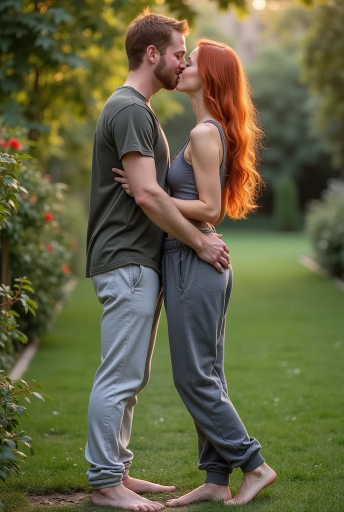 Red-headed, grey sweatpants, Barefoot woman kissing man in garden
