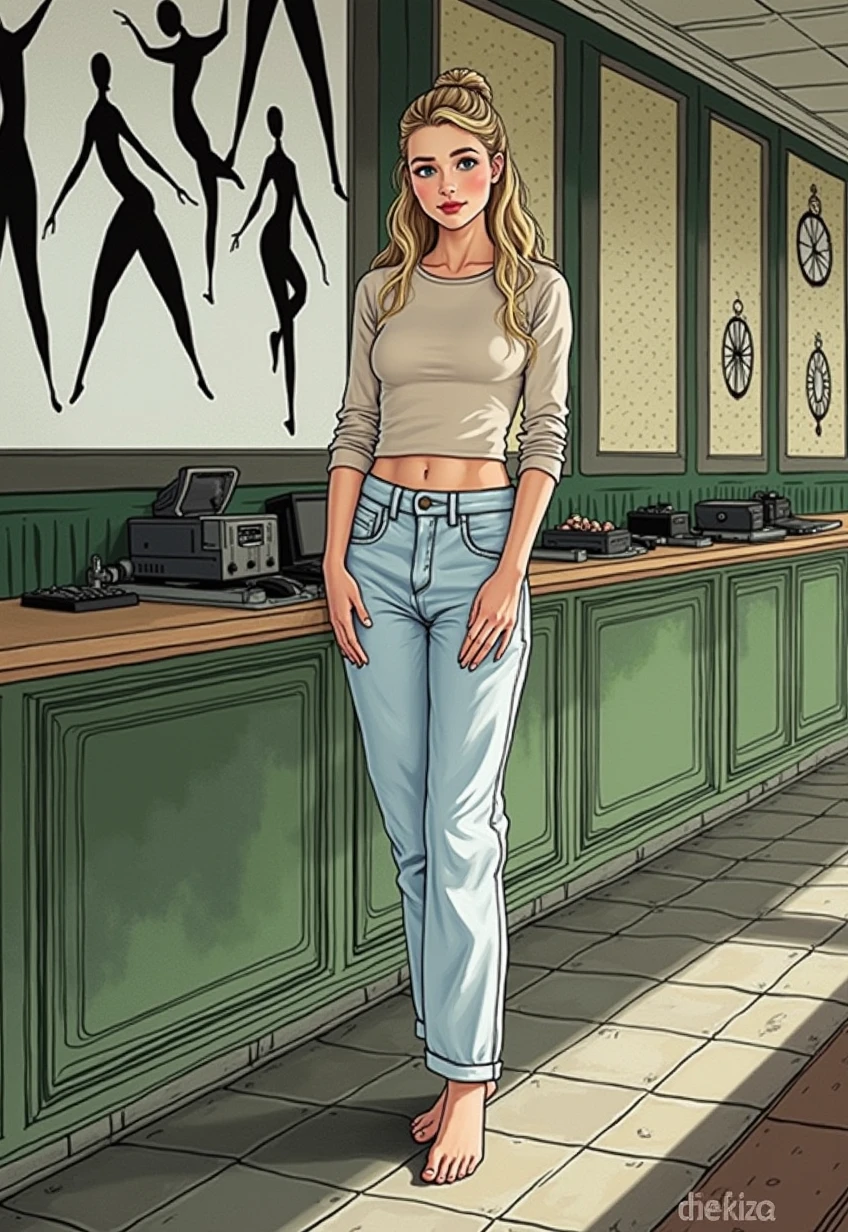 (photorealism: 1.2), beautiful 22 year old woman with long curly blonde hair tied back, light blue eyes, huge chest, she should be standing in a lit room, her legs should be visible, she should be wearing pants wide, she must wear a beige long-sleeved t-shirt