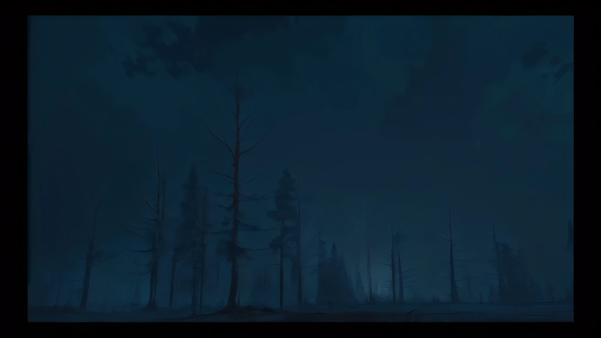 There is a full moon that is shining in the sky, tenebrosa night environment, Dead forest, Trees. mattepainting, Dead forest background, quiet forest night scene, 8 mil. volumetric lighting. tenebrosa, background environment. 8 mil, dystopian gray forest background, atmospheric establishing shot, distant forest, some Trees in the background, velly distant forest, cinematic night lighting