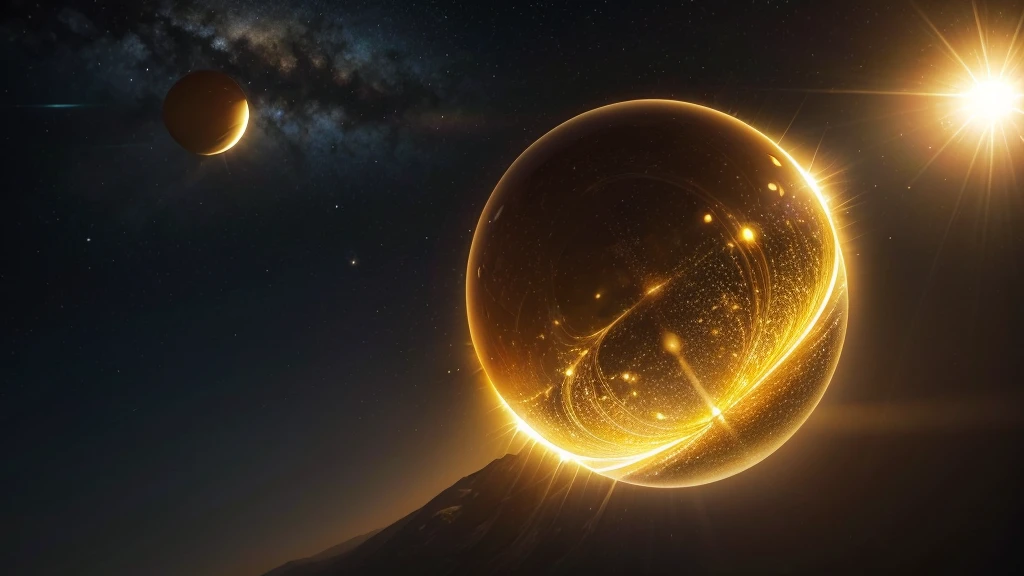 floating radiant golden sphere of light, solar energy all around illuminating the entire environment, realistic light