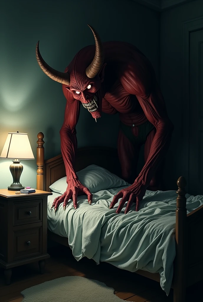 "I want an image of a terrifying demon next to a bed in a dark room. The demon must have a sinister appearance, with red skin, bright eyes and a menacing smile. Your claws should be long and sharp, and it must be partially shrouded in shadows, creating an atmosphere of fear and tension. The bed must be unmade, with crumpled sheets, and the lighting in the room should be dim, coming from a single bedside lamp, projecting distorted shadows on the walls. Make him horned