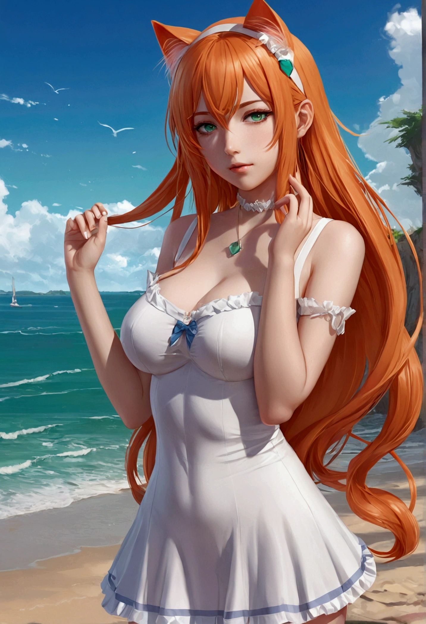 anime girl with long orange hair standing on beach near ocean, green eyes detailed digital anime art, cat ears, , anime girl with long hair, smooth anime cg art, anime girl with long hair, average breast size, digital anime art, artwork in the style of guweiz, beautiful anime portrait, photorealistic anime girl render, beautiful anime girl, advanced digital anime art, pantyhose, guweiz on artstation pixiv upscale HD UHD HQ