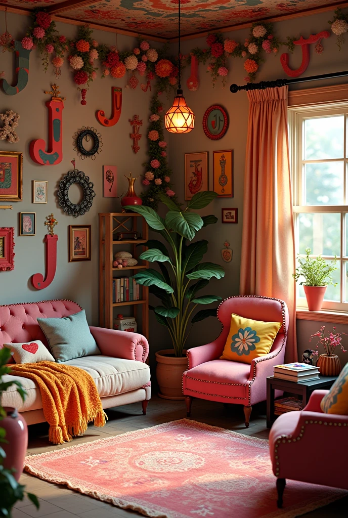 A room with a lot of J decorations