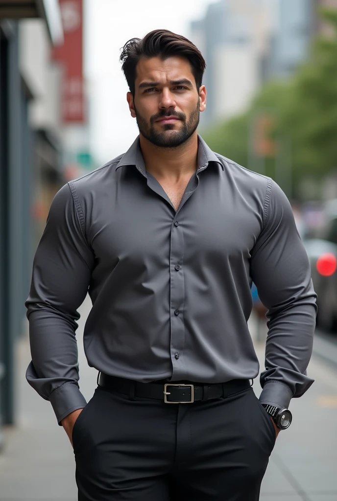 Muscular heavyweight bodybuilder Very handsome man, Japan 29yo hunk alpha man, dark brown hair, Wearing executive clothes on the sidewalk of a big city, realphoto, his body is muscular, tight shirt due to his massive bulging voluminous muscle, bulging massive pecs and nipple perting through his clothes, massive biceps muscle