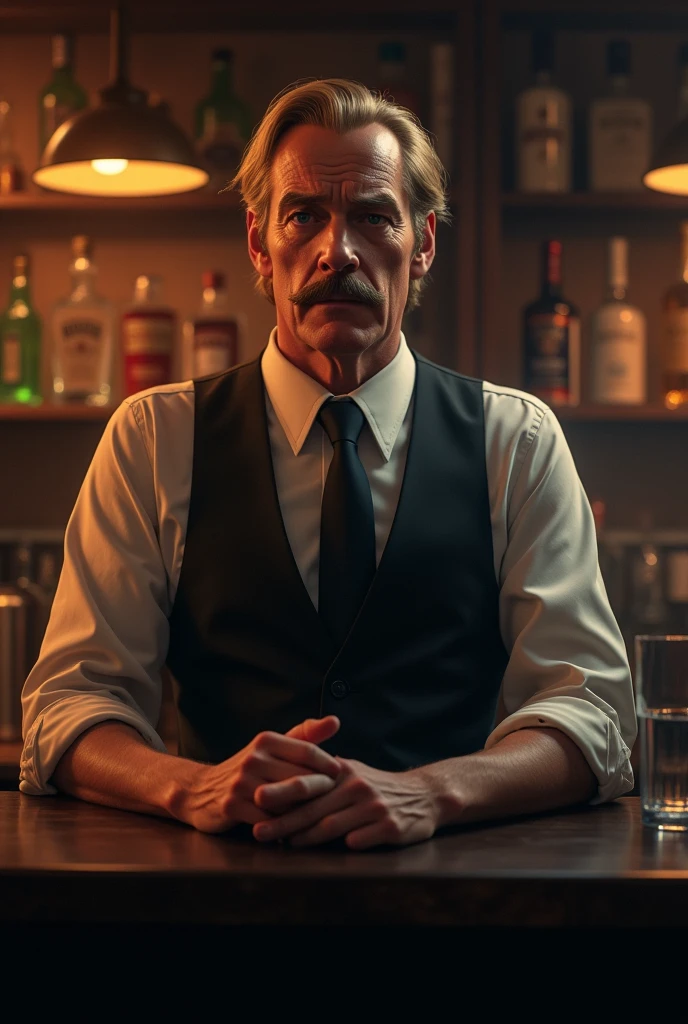 Middle-aged thin character with not very long blond hair and a mustache wearing a bartender's suit and a worried face