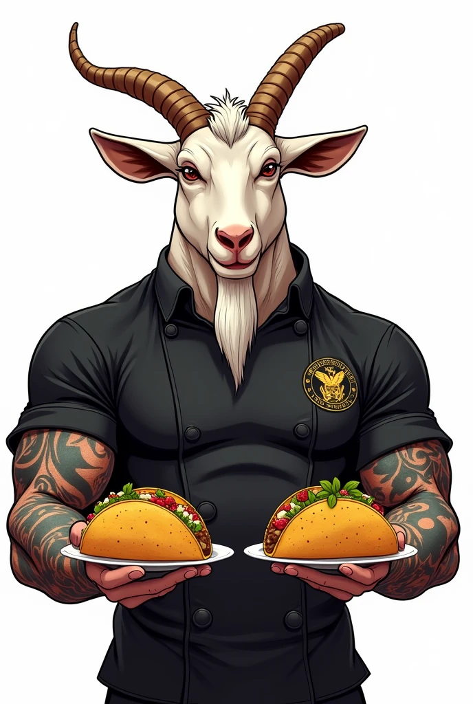 Goat chef cartoon with muscles in a black Filipino chef shirt and tattoos with tacos on his hand with a white background
