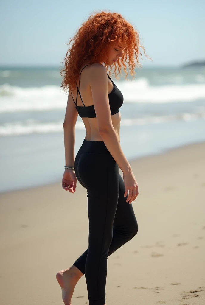 Redhead curly hair on the beach, hair down to her shoulders, White skinned, black sweatpants, Steps are touching the barefoot woman