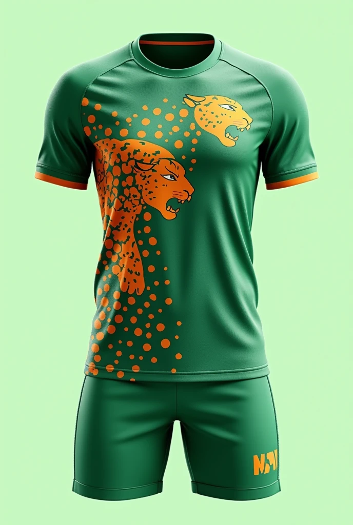 t - shirt, Women's futsal athletic shorts and socks, men's and women's volleyball in moss green and white colors, with orange jaguar spots running down the chest to half of the shirt and a jaguar in a single color in the same shade blending in with the shirt with its mouth open in the lower left side of the shirt