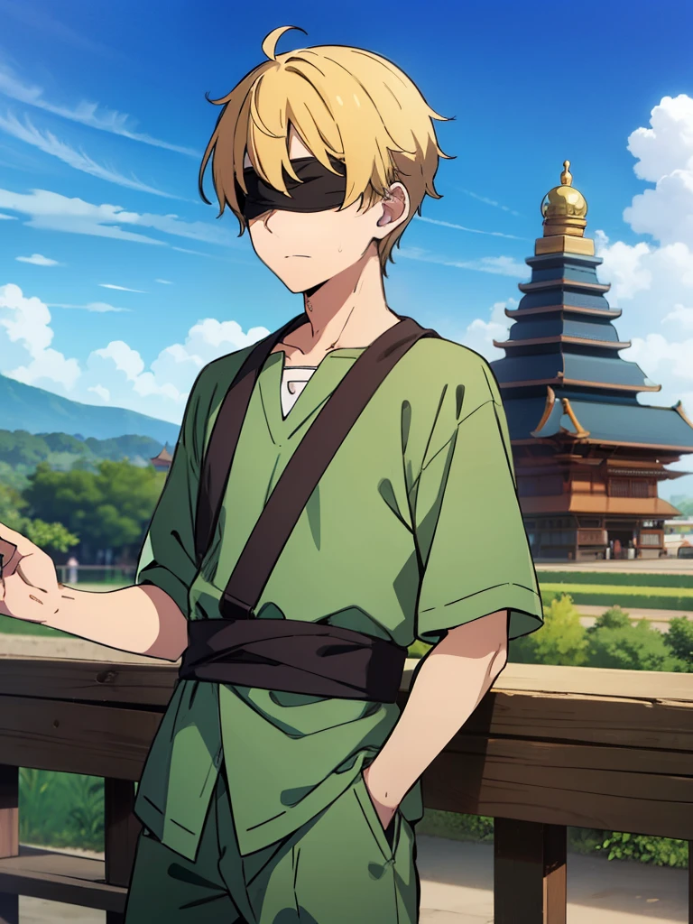 1boy, blind fold, blonde, green outfit, balinese, stupa 