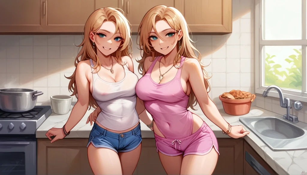 2 gorgeous 25 year old girls, standing together, wearing very small sheer pink pajama shorts and sheer pajama tank top, leaning against a kitchen counter, blond messy hair, necklaces, bracelets,  looking straight at viewer, nsfw sultry look, seductive, seductive smile, inviting expression, suggestive