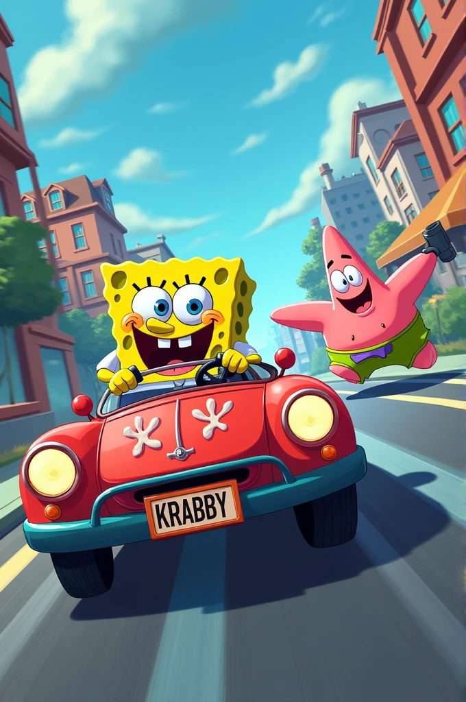 Spongebob being chased by Patrick in cars and shooting at each other