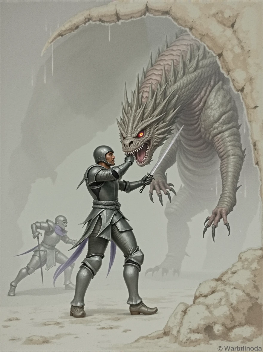 Knight Ivan, Fighting the dragon, In a dark cave, masterpiece:1.2, ultra detailed, realistic:1.37, Sharp Focus, bright colors, hips, Dramatic chiaroscuro, Horror, Kingdom's Delight